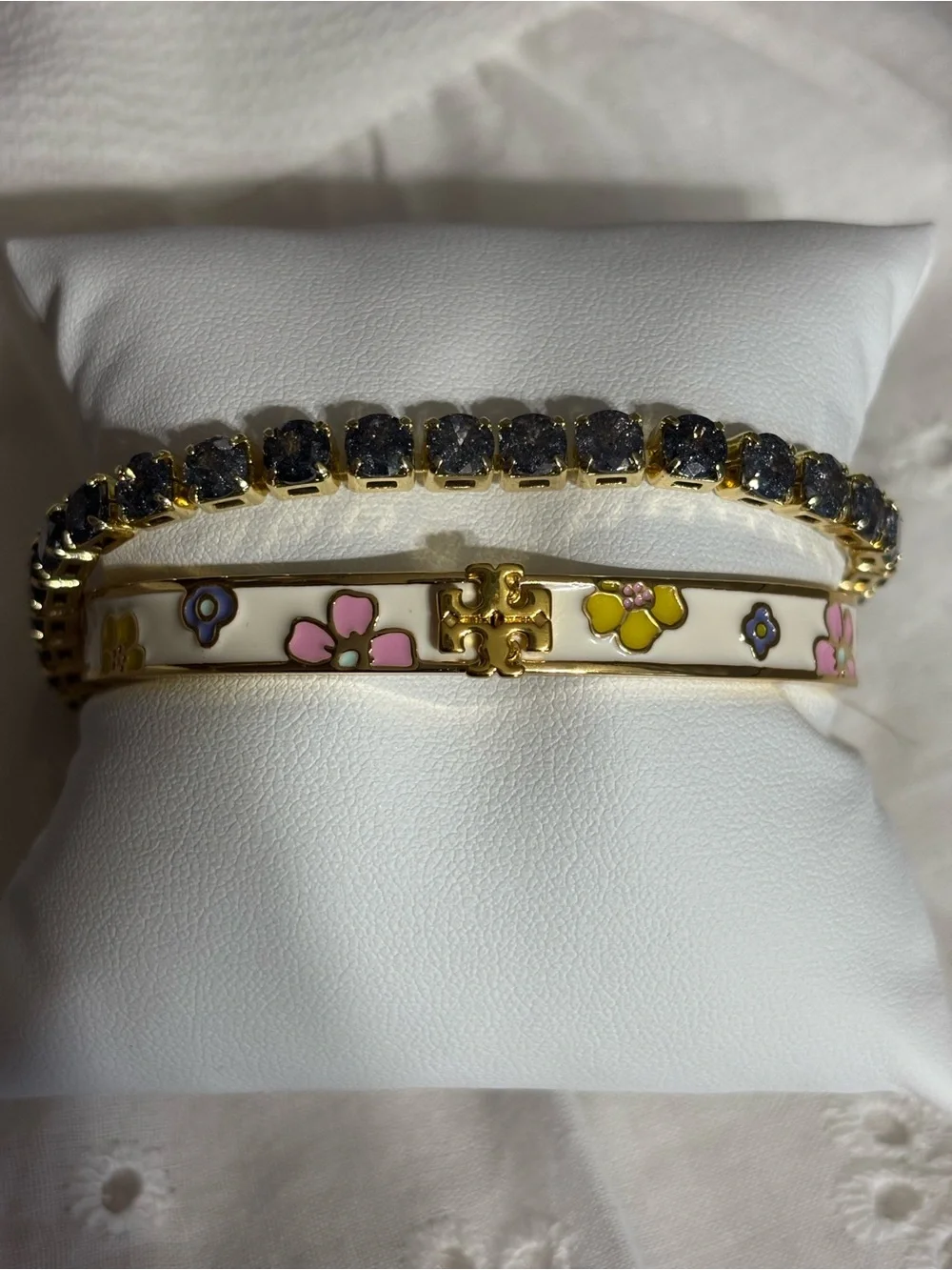 Tory Burch Cream Enamel Floral Logo Hinge Bangle Bracelet